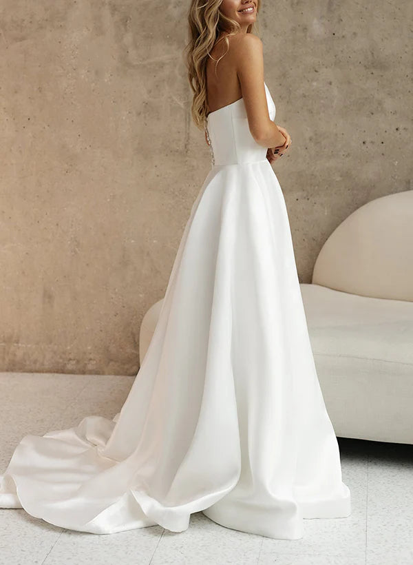 Luolandi Elegant Satin Wedding Dresses With A-Line Silhouette Strapless Design Sleeveless Style And Sweep Train Off Shoulder Simple