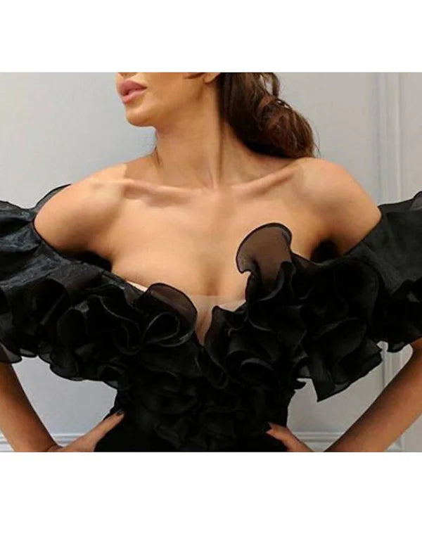 Luolandi Sheath / Column Elegant Prom Formal Evening Dress Off Shoulder Short Sleeve Floor Length Chiffon with Split Front