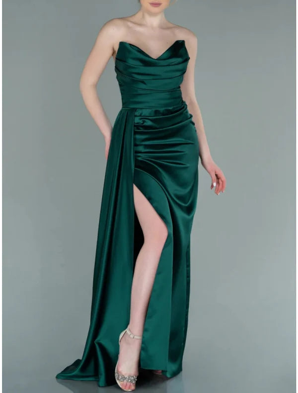 Luolandi A-Line Evening Gown Elegant Dress Formal Sweep / Brush Train Sleeveless Strapless Satin with Pleats Ruched Slit Party Dress