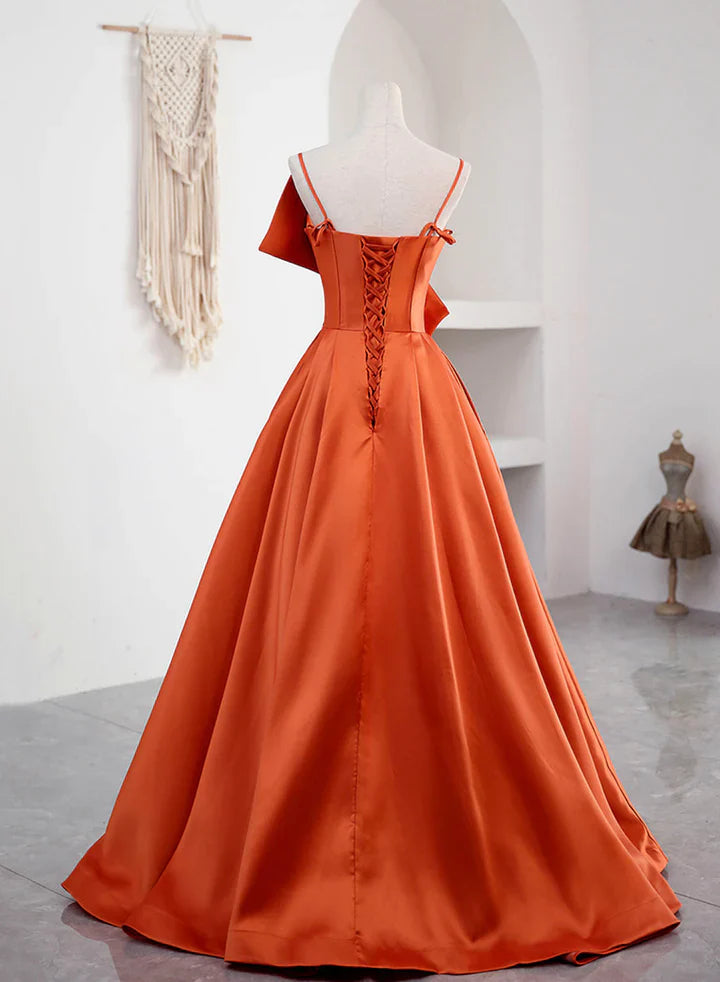 Luolandi Elegant A Line Spaghetti Straps Orange Satin Long Formal Prom Dress Evening Dress With Bow