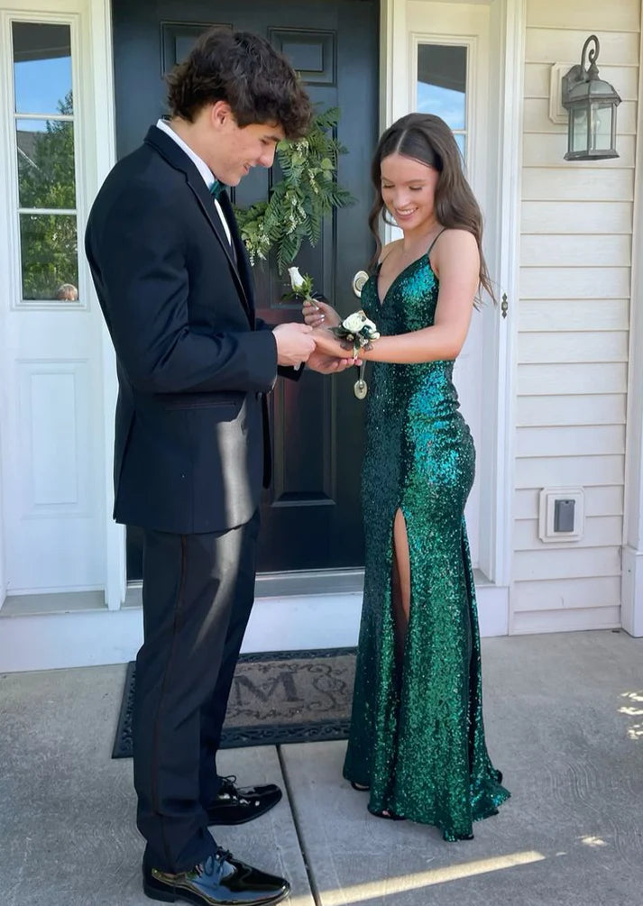 Luolandi Emerald Green Backless Sequined Long Prom Dress with Slit Sparkly Evening Dress