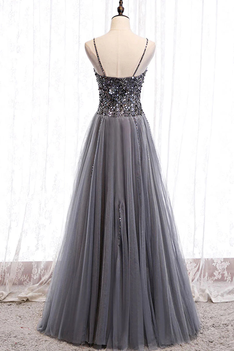 Luolandi Gray tulle sweetheart neck sequin long prom dress formal dress A Line Formal Dress