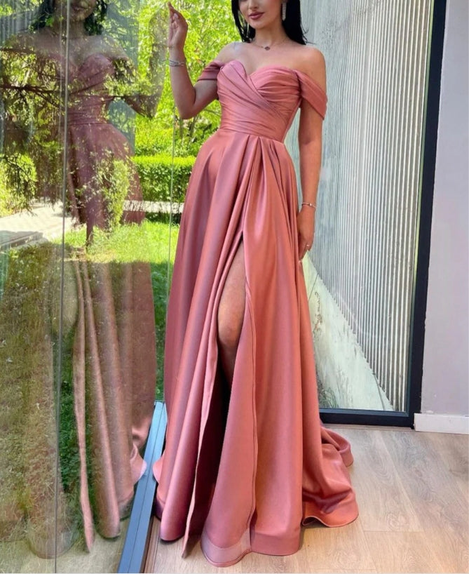 Luolandi A Line Off The Shoulder Sweetheart High Split Floor Length Open Back Prom Dress Sexy Evening Dress
