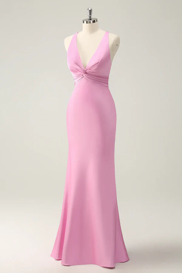 Luolandi Pink Mermaid V Neck Satin Long Bridesmaid Dress Evening Dress Solid Color