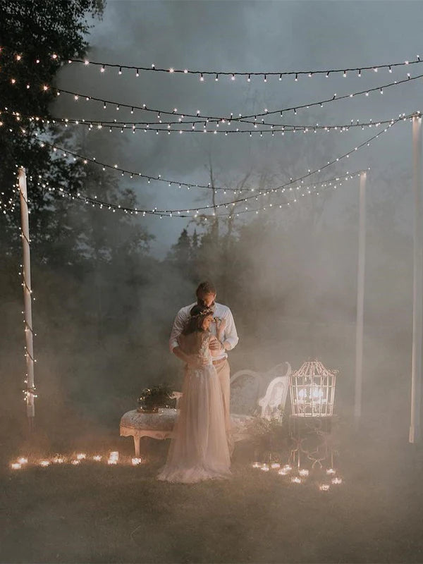 Luolandi Exquisite Tulle V-neck Sweep Train A-line Wedding Gowns With Appliques Charming Bridal Gown