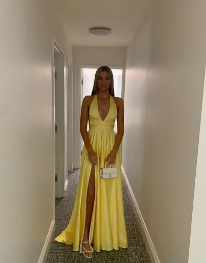 Luolandi Yellow Deep V Neck A-Line Backless Formal Party Dress with Slit Formal Dress Sexy Evening Dress