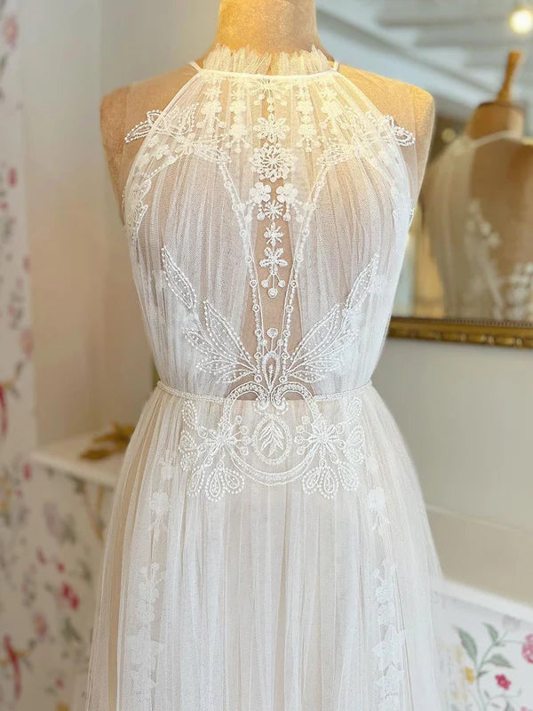 Luolandi A Line Delicated Lace Tulle Wedding Dresses See Through Halter Neck Bridal Dress Elegant