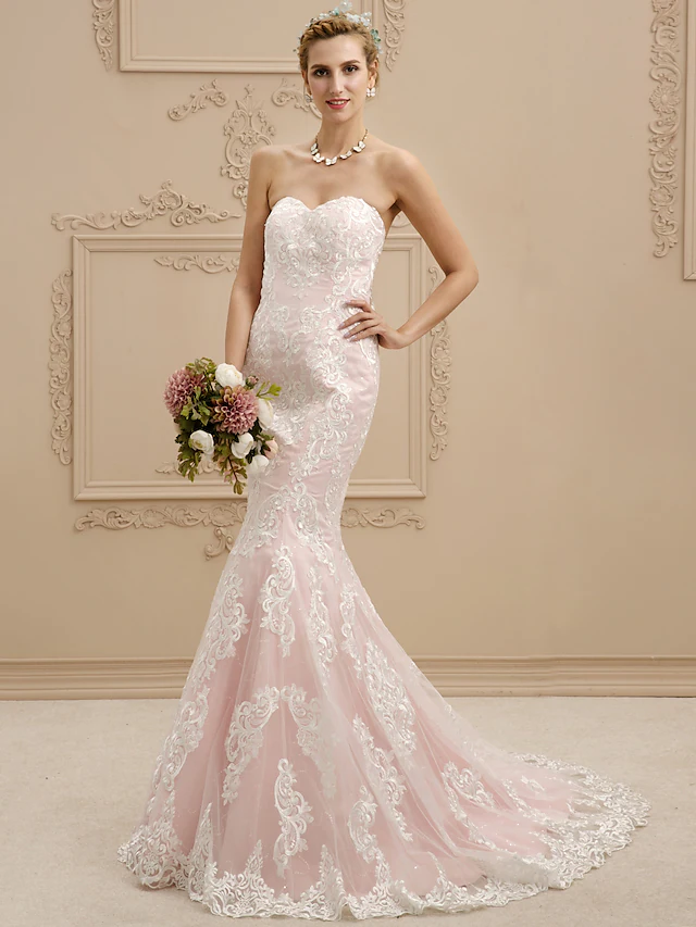 Luolandi Wedding Dresses Sweetheart Neckline Court Train Lace Strapless Sexy Illusion Detail
