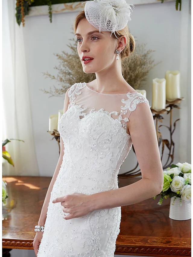 Luolandi Wedding Dresses Illusion Neck Court Train Tulle Sleeveless Sparkle & Shine with Beading