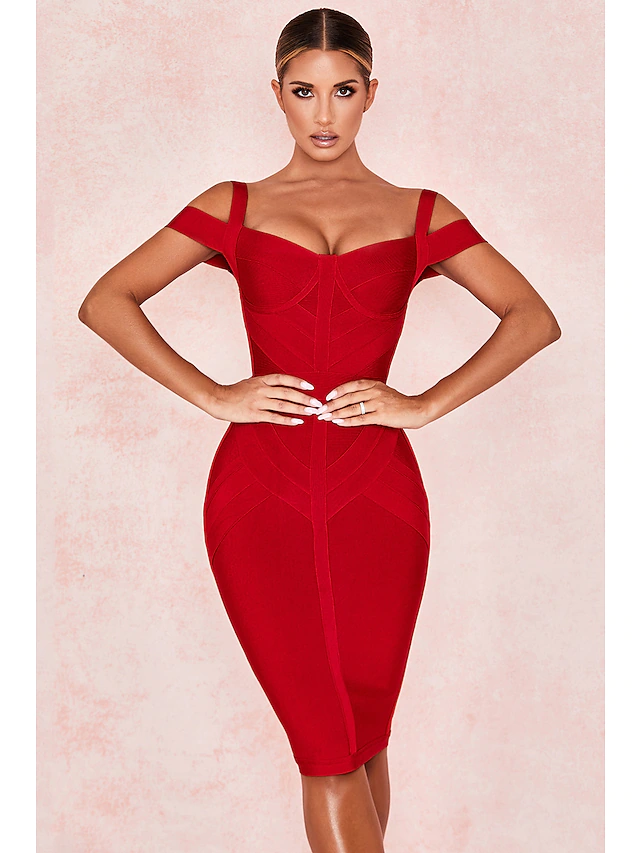 Luolandi Hot Sexy Party Wear Cocktail Party Valentine's Day Dress Off Shoulder Sleeveless Knee Length Spandex