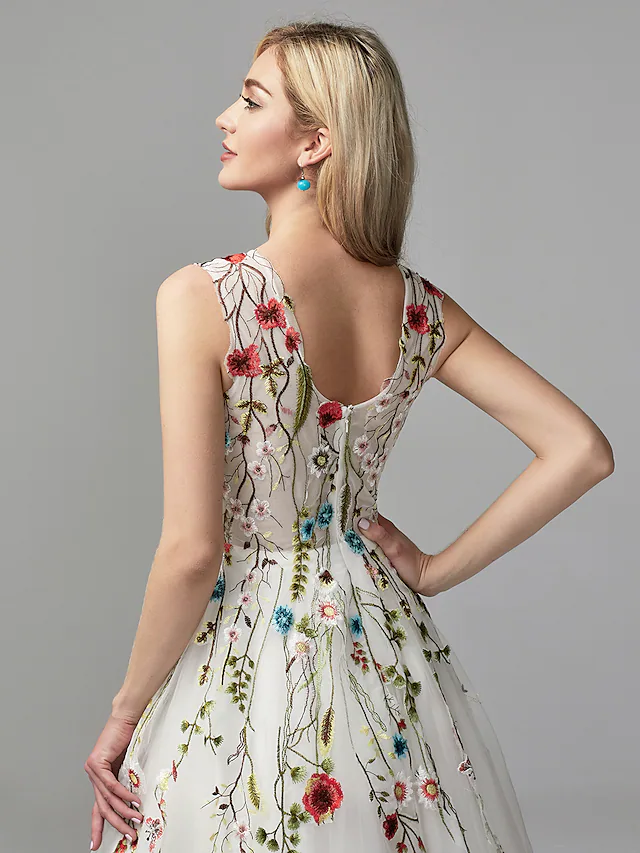 Luolandi A-Line Floral Quinceanera Formal Evening Valentine's Day Dress V Neck Sleeveless Floor Length Lace Tulle with Embroidery