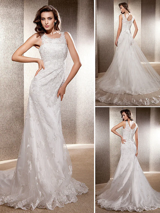 Luolandi Elegant Wedding Dresses Scoop Neck Lace Tulle Sleeveless Long Bridal Gown