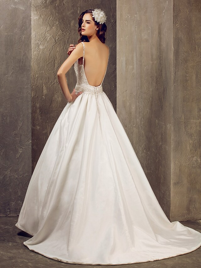 Luolandi Princess A-Line Wedding Dresses V Neck Lace Taffeta Sleeveless Long