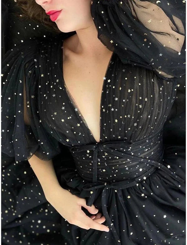 Luolandi A-Line Prom Dresses Glittering Dress Wedding Guest Prom Court Train Half Sleeve V Neck Wednesday Addams Family Tulle V Back with Bow(s) Sequin Slit Evening Dress