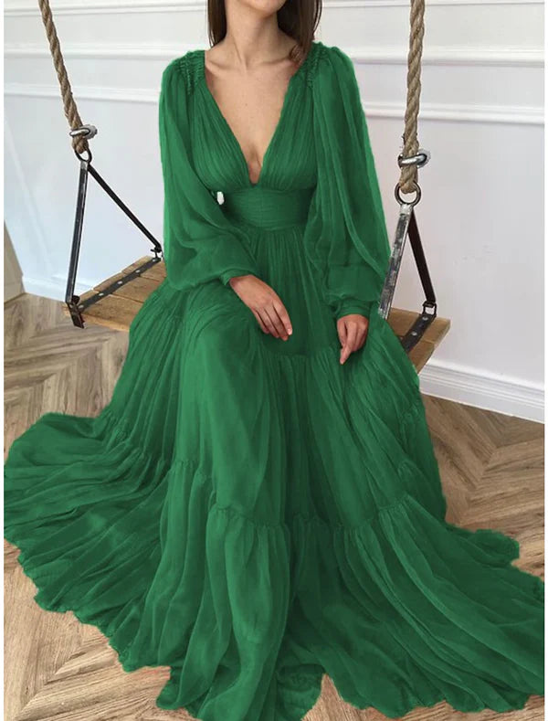 Luolandi A-Line Evening Gown Elegant Dress Red Green Dress Formal Wedding Guest Floor Length Long Sleeve V Neck Chiffon with Ruched Sexy