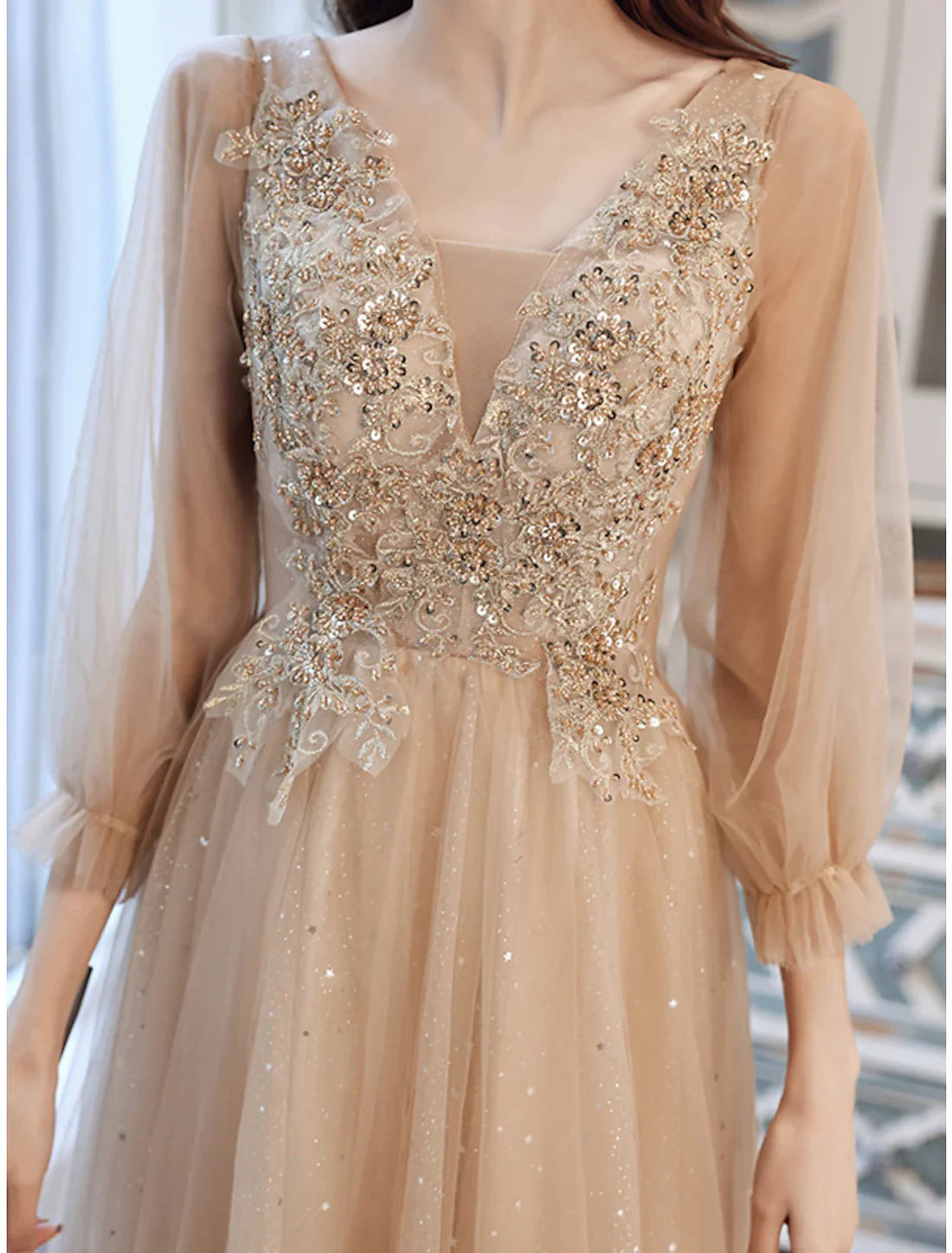 Luolandi A-Line Sparkle Elegant Prom Formal Evening Birthday Dress V Neck 3/4 Length Sleeve Tea Length Tulle with Sequin Appliques Party Dress