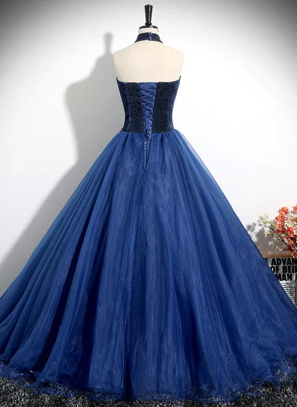 Luolandi Blue High Neckline Ball Gown Formal Dress Blue Tulle Sweet 16 Dress Party Dress Prom Dress