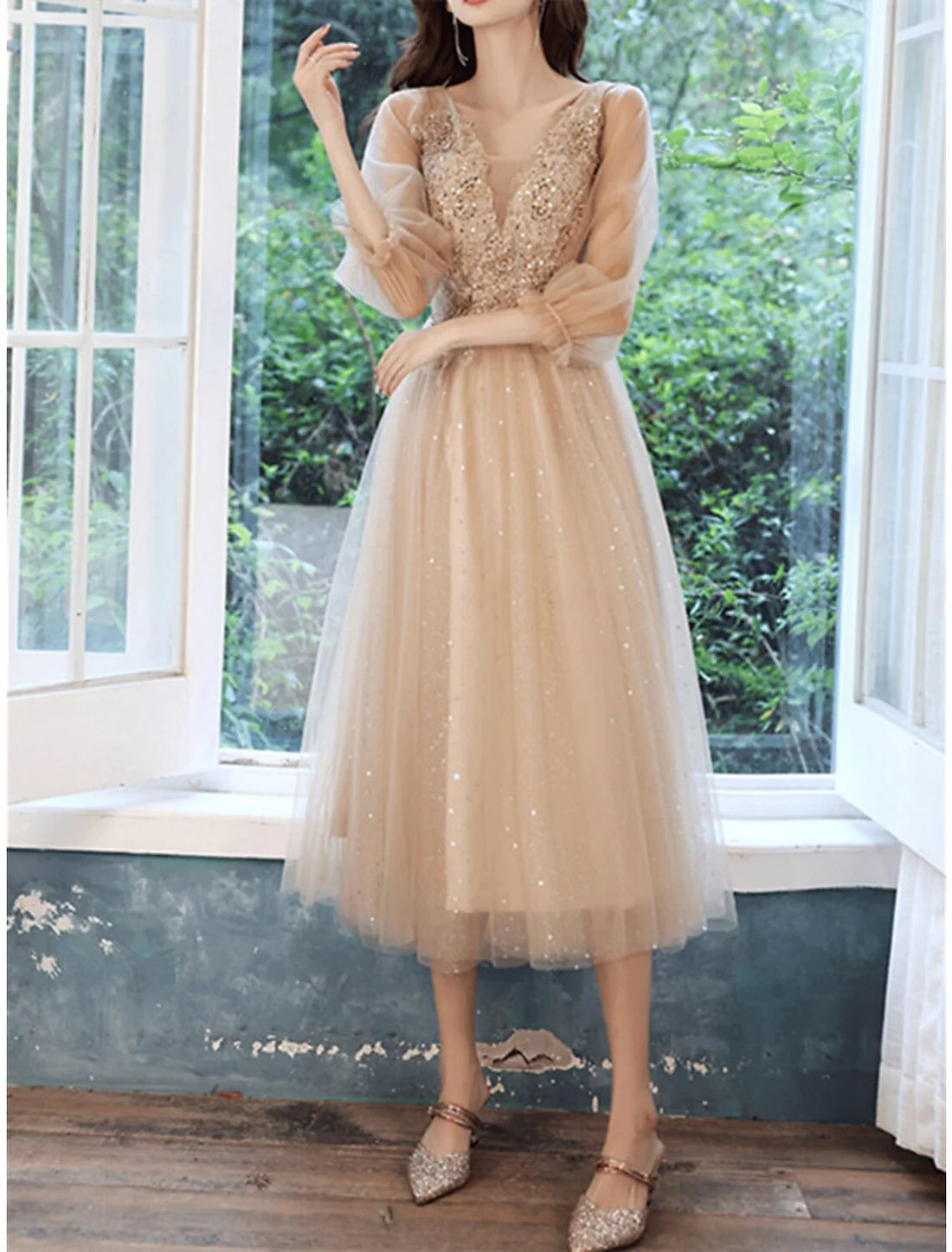 Luolandi A-Line Sparkle Elegant Prom Formal Evening Birthday Dress V Neck 3/4 Length Sleeve Tea Length Tulle with Sequin Appliques Party Dress