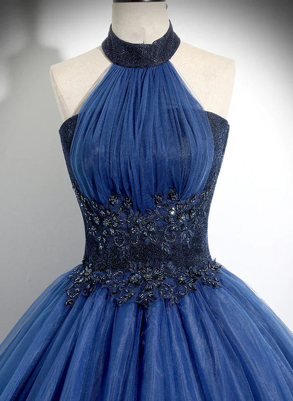 Luolandi Blue High Neckline Ball Gown Formal Dress Blue Tulle Sweet 16 Dress Party Dress Prom Dress