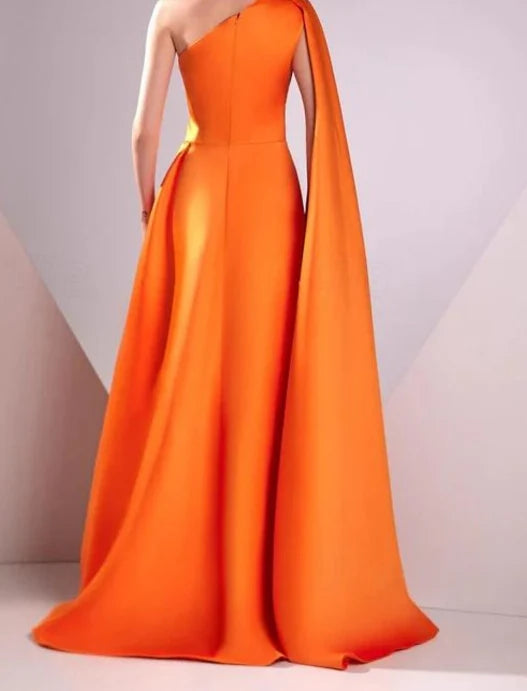 Luolandi A-Line Evening Gown Sleeveless One Shoulder Pocket Satin with Ruched Slit Elegant
