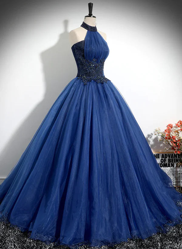 Luolandi Blue High Neckline Ball Gown Formal Dress Blue Tulle Sweet 16 Dress Party Dress Prom Dress