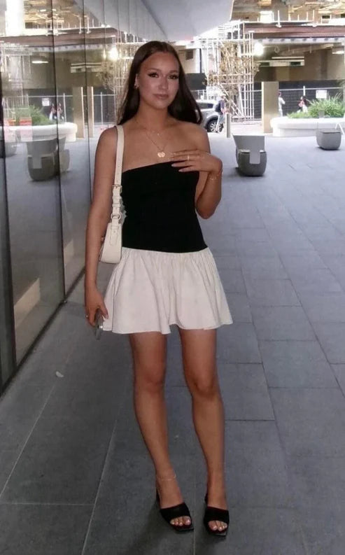 Luolandi Cute A Line Strapless Black Satin Short Homecoming Dress Outfits Party Dress