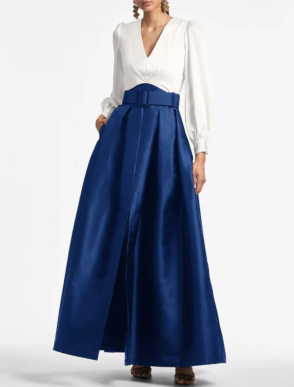 Luolandi A-Line Evening Gown Party Dress Wedding Guest Floor Length Short Sleeve V Neck Belt / Sash Satin with Pleats Fashion
