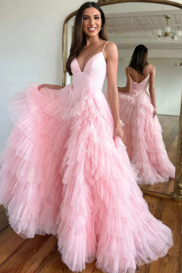 Luolandi Cute A Line V Neck Sweetheart Pink Tulle Long Prom Dresses Solid Color Floor Length