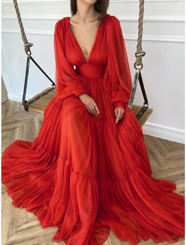 Luolandi A-Line Evening Gown Elegant Dress Red Green Dress Formal Wedding Guest Floor Length Long Sleeve V Neck Chiffon with Ruched Sexy