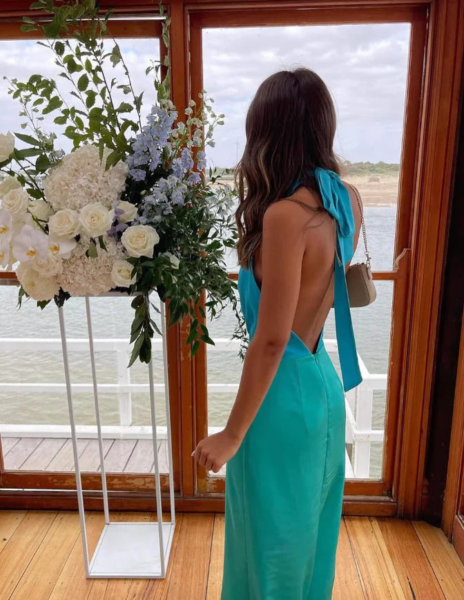 Luolandi Elegant Mermaid V Neck Open Back Satin Long Prom Dress Evening Dress Party Dress