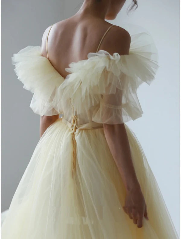 Luolandi A-Line Evening Gown Elegant Dress Formal Sweep / Brush Train Short Sleeve V Neck Chiffon with Pleats Ruffles Prom Dress