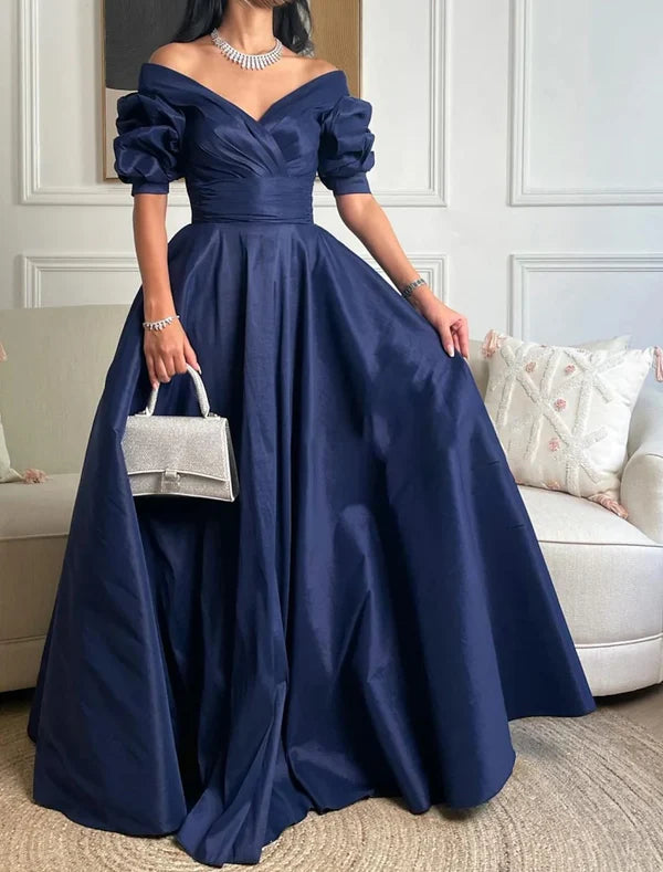 Luolandi A-Line Evening Gown Elegant Dress Formal Prom Floor Length 3/4 Length Sleeve Sweetheart Satin with Ruched Solid Color