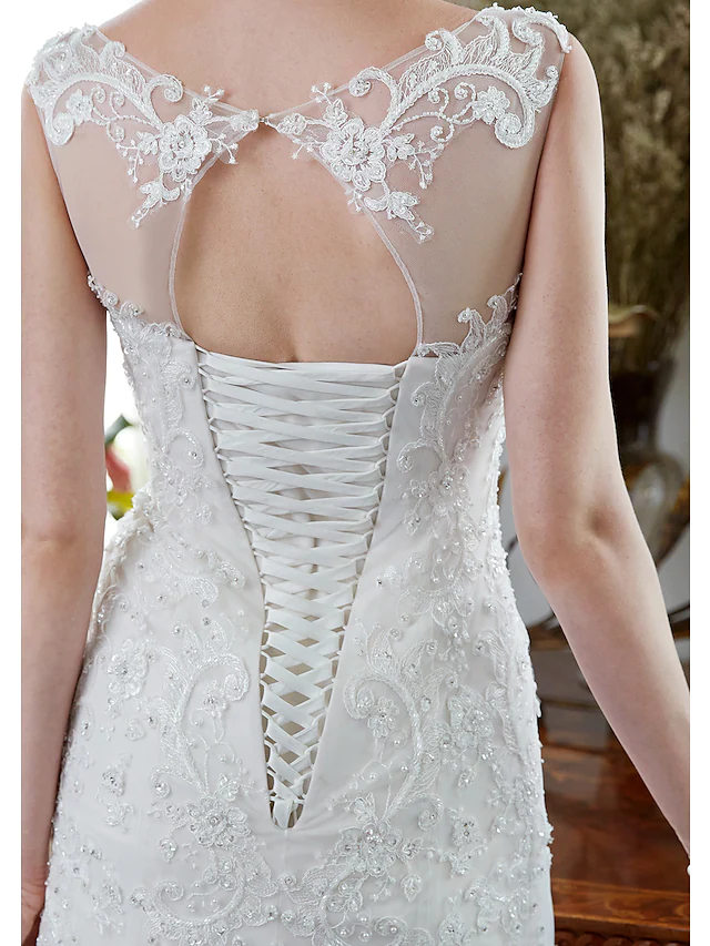 Luolandi Wedding Dresses Illusion Neck Court Train Tulle Sleeveless Sparkle & Shine with Beading