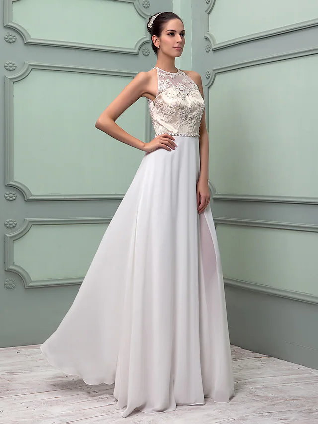 Luolandi Wedding Dresses Jewel Neck Floor Length Chiffon Lace Regular Straps See-Through with Sash Ribbon