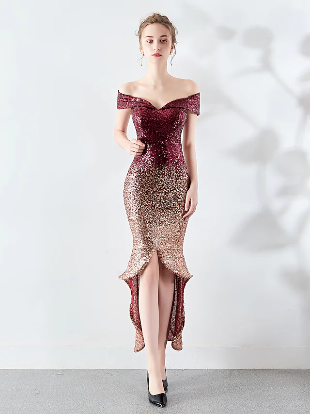 Luolandi Sexy Wedding Guest Cocktail Party Dress Off Shoulder Sleeveless Asymmetrical Sequined