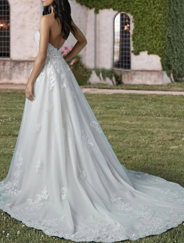 Luolandi Engagement Formal Wedding Dresses Two Piece Sweetheart Strapless Court Train Lace Bridal Gowns With Sequin Appliques Elegant