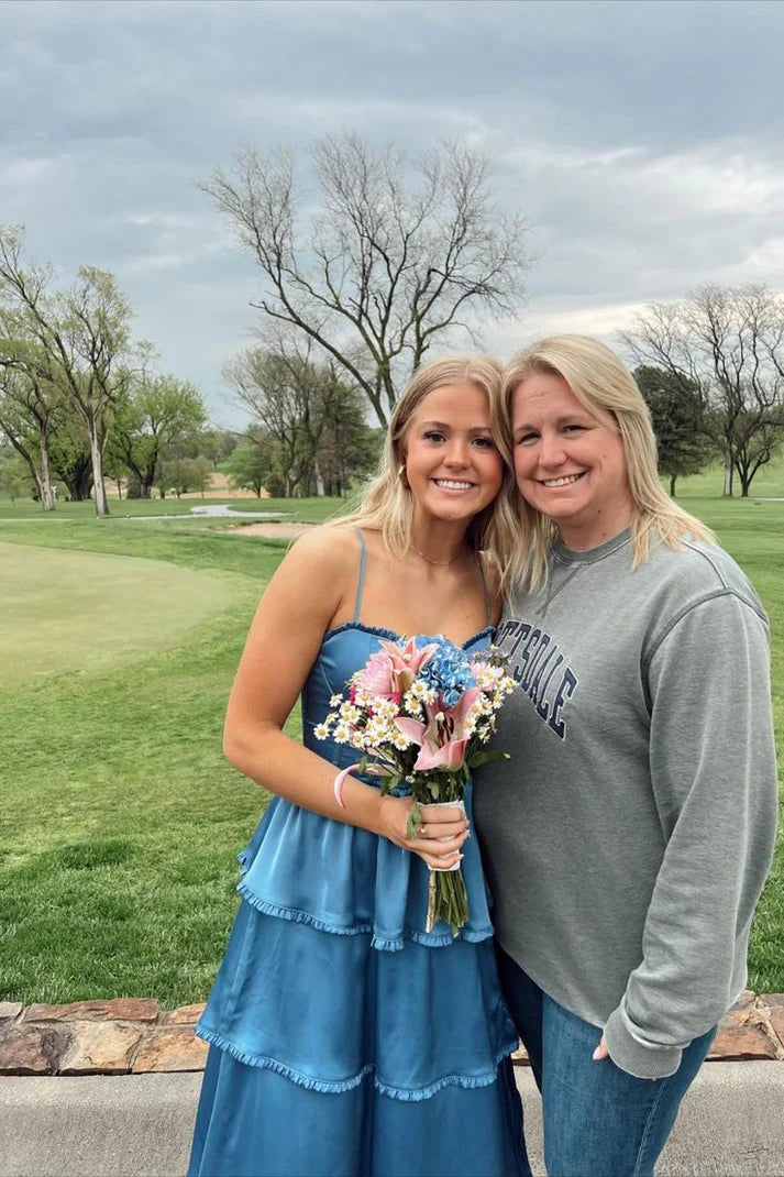 Luolandi Blue A Line Long Prom Dress Ruffle Wedding Guest Dress Elegant Evening Party Dress