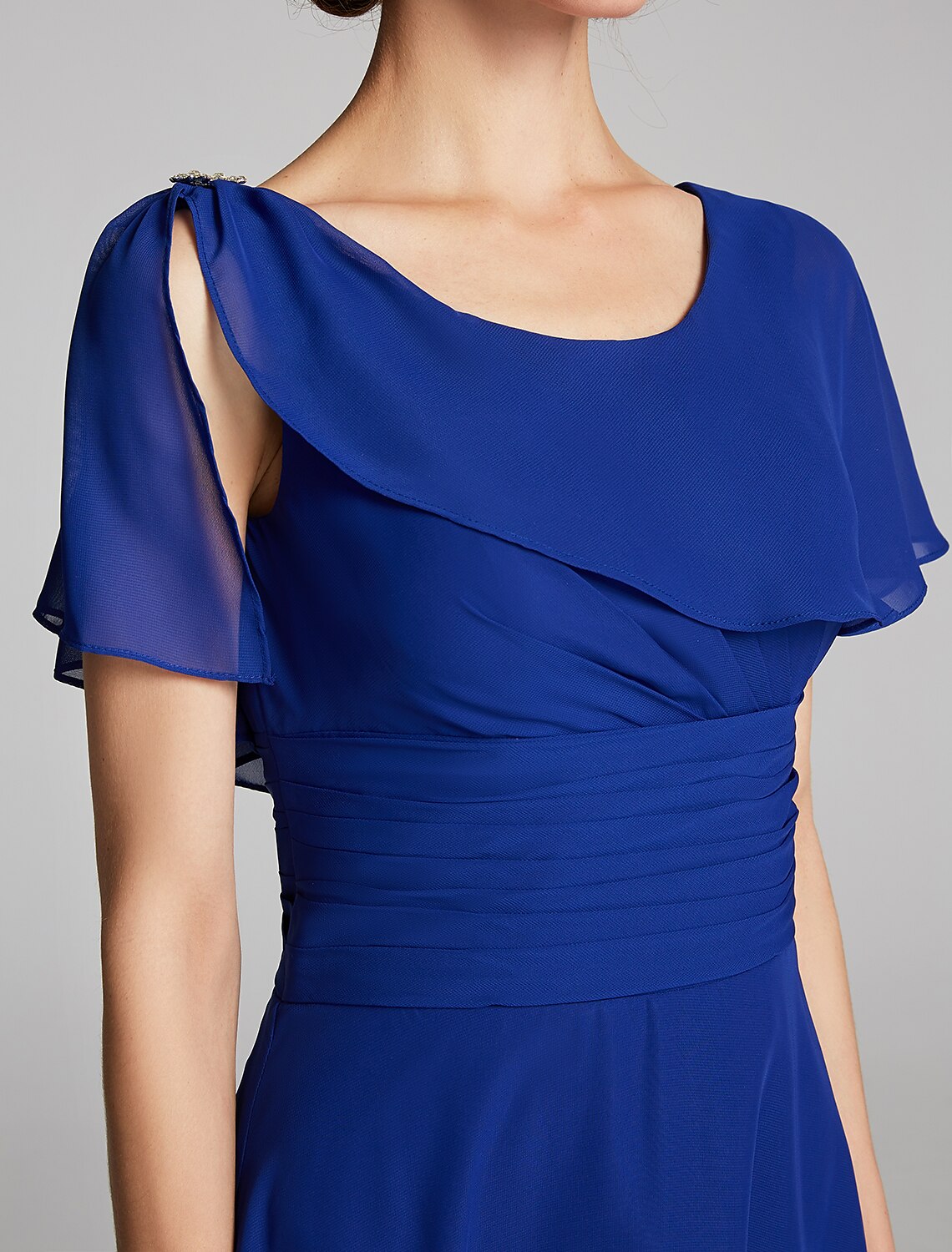 Close-up of the cowl neck and short sleeve details on the LUOLANDI mother of the bride dress.