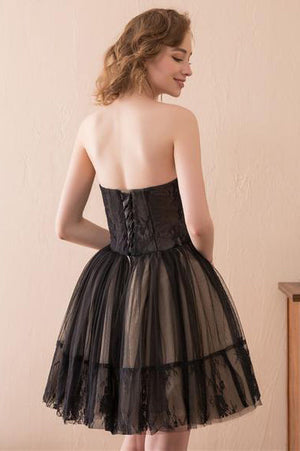 Back view of the LUOLANDI A-line strapless tulle cocktail dress.