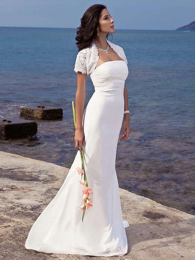 Luolandi Long Wedding Dresses Strapless Chiffon Short Sleeve Vintage Separate Bodies