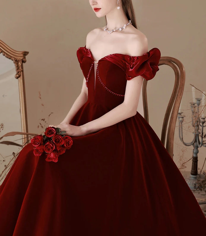Luolandi A-Line Off Shoulder Velvet Burgundy Long Prom Dress Evening Dress december wedding guest dress