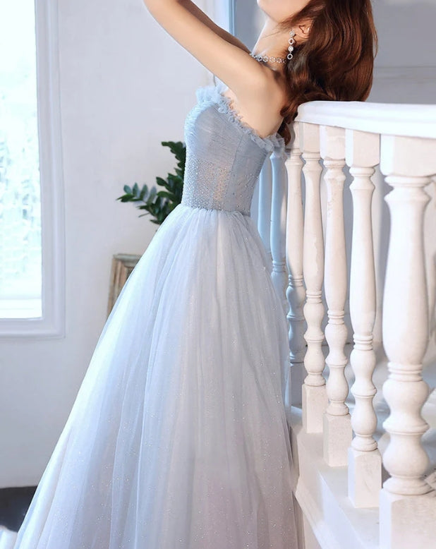 Luolandi Cute Strapless Tulle Long Prom Dress A-Line Formal Evening Dress Party Dress