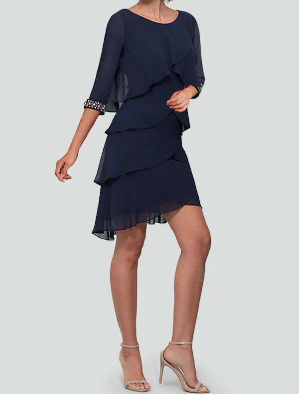 Luolandi Sheath Party Dress Cocktail Dresses Formal Knee Length Half Sleeve Wedding Guest Chiffon with Rhinestone Ruffles Mother of the Bride Dress