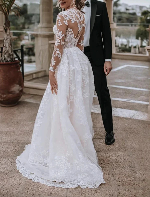 Luolandi Beach Formal Wedding Dresses A-Line Illusion Neck Long Sleeve Sweep / Brush Train Lace Bridal Gowns With Pleats Beautiful
