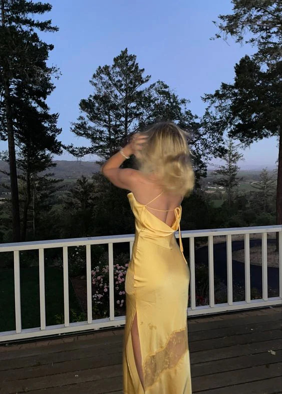 Luolandi Yellow Backless Lace Slit Party Dress Simple Wedding Guest Dress Charming