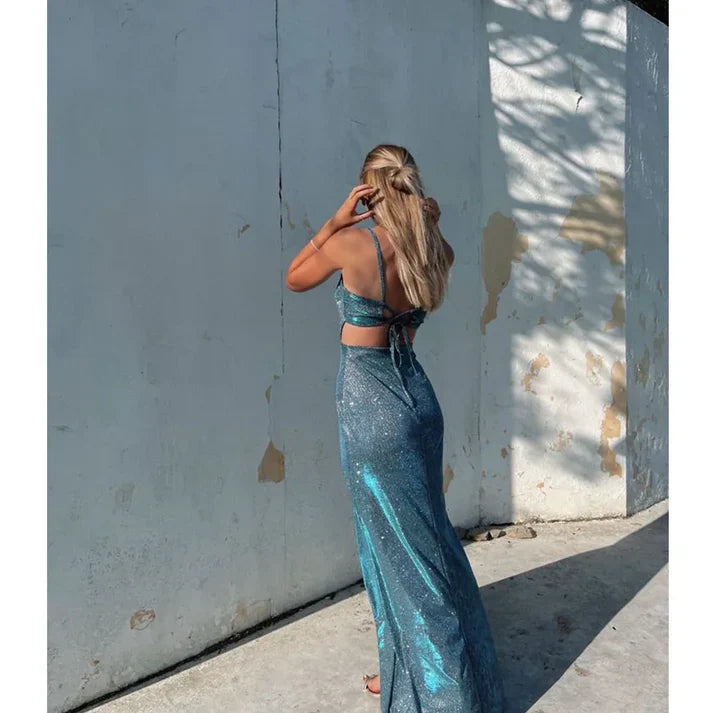 Luolandi Shiny Spaghetti Straps Backless Long Party Dress with Slit Charming Evening Dress