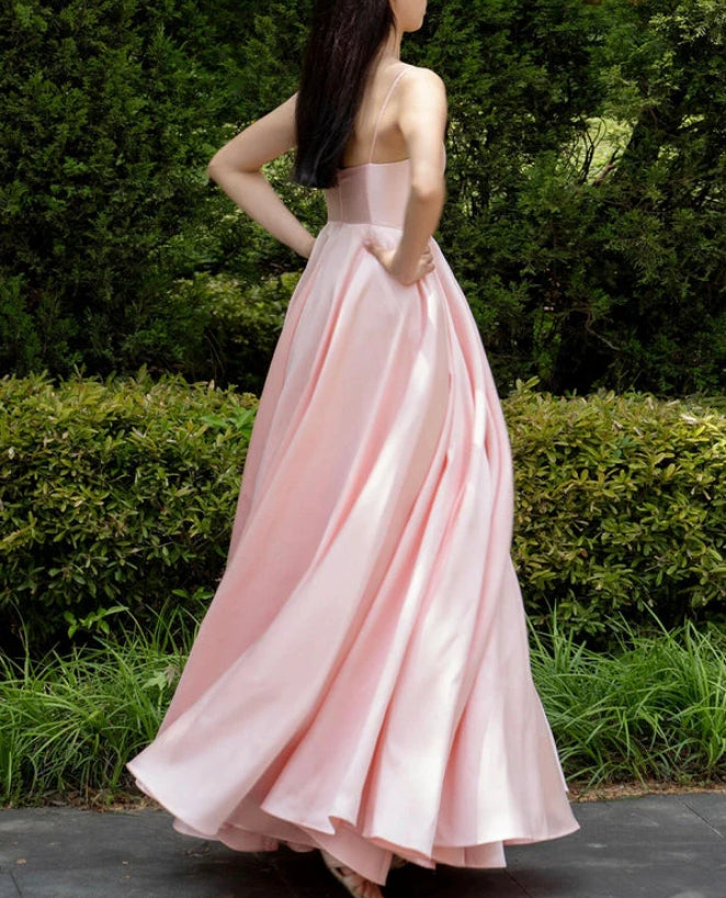Luolandi A-Line Satin Floor Length Prom Dress Pink Spaghetti Strap Evening Party Dress Sexy