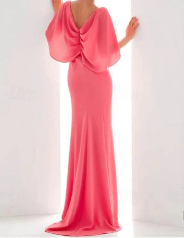 Luolandi Sheath / Column Evening Gown Short Sleeve V Neck Chiffon with Ruched Ruffles Solid Color