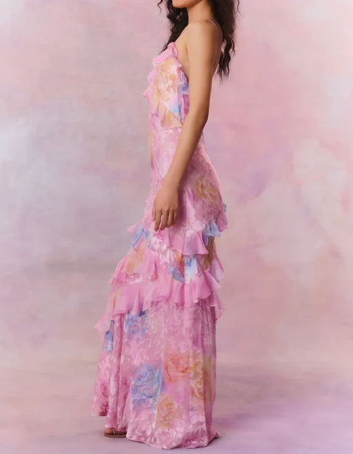 Luolandi Yellow Straps Ruffles Long Party Dress Weding Guest Dress Charming Evening Dress Formal Dress