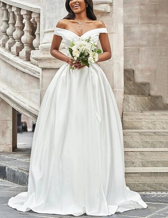 Luolandi Off-The-Shoulder A-Line Wedding Dresses Floor Length Solid Color Elegant Simple